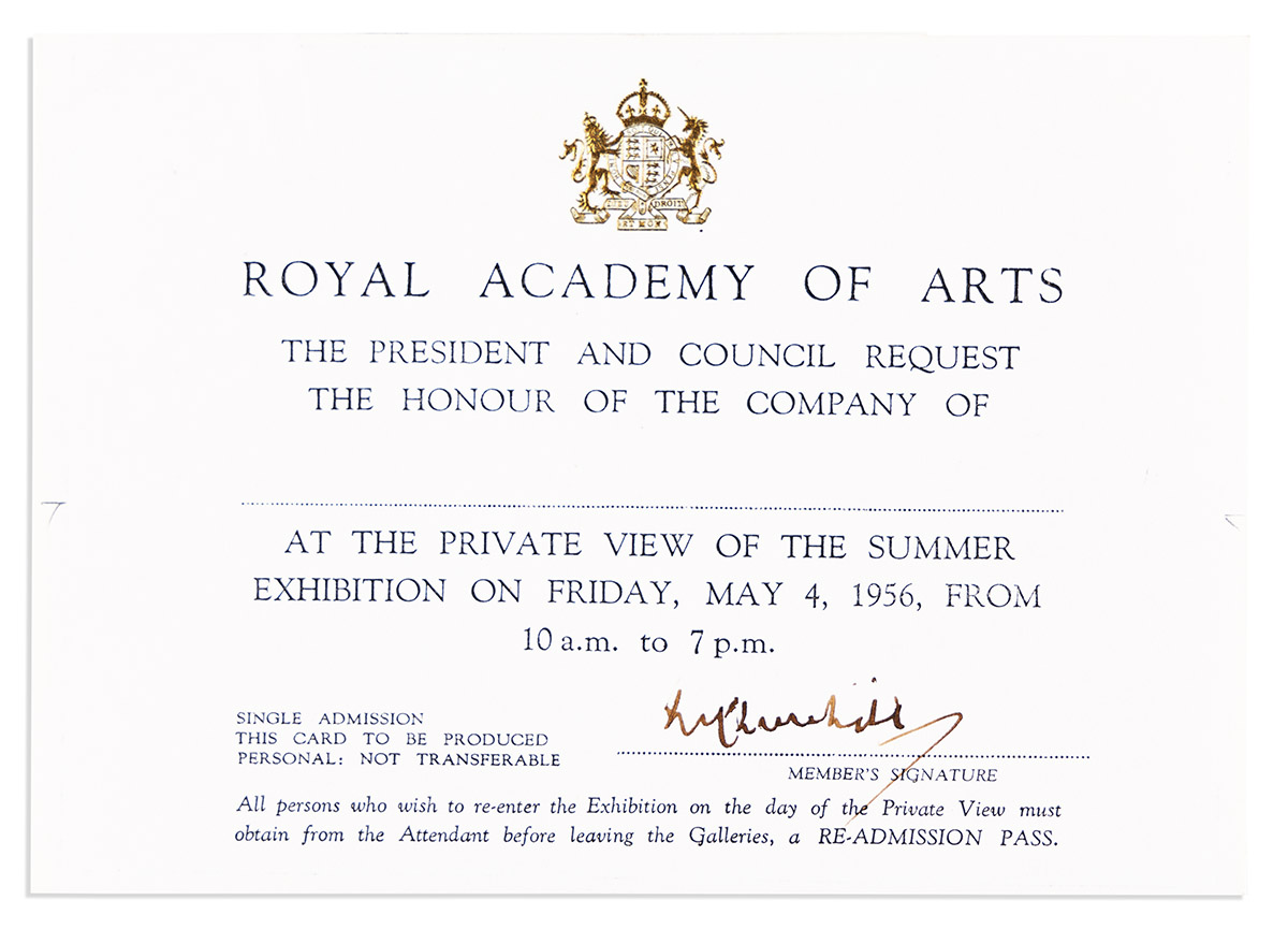 CHURCHILL, WINSTON S. Printed invitation to a Royal Academy of Arts exhibition Signed, WSChurchill, as a member of the Academy, to an